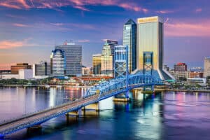 Downtown Jacksonville skyline viewed over St. Johns River. 